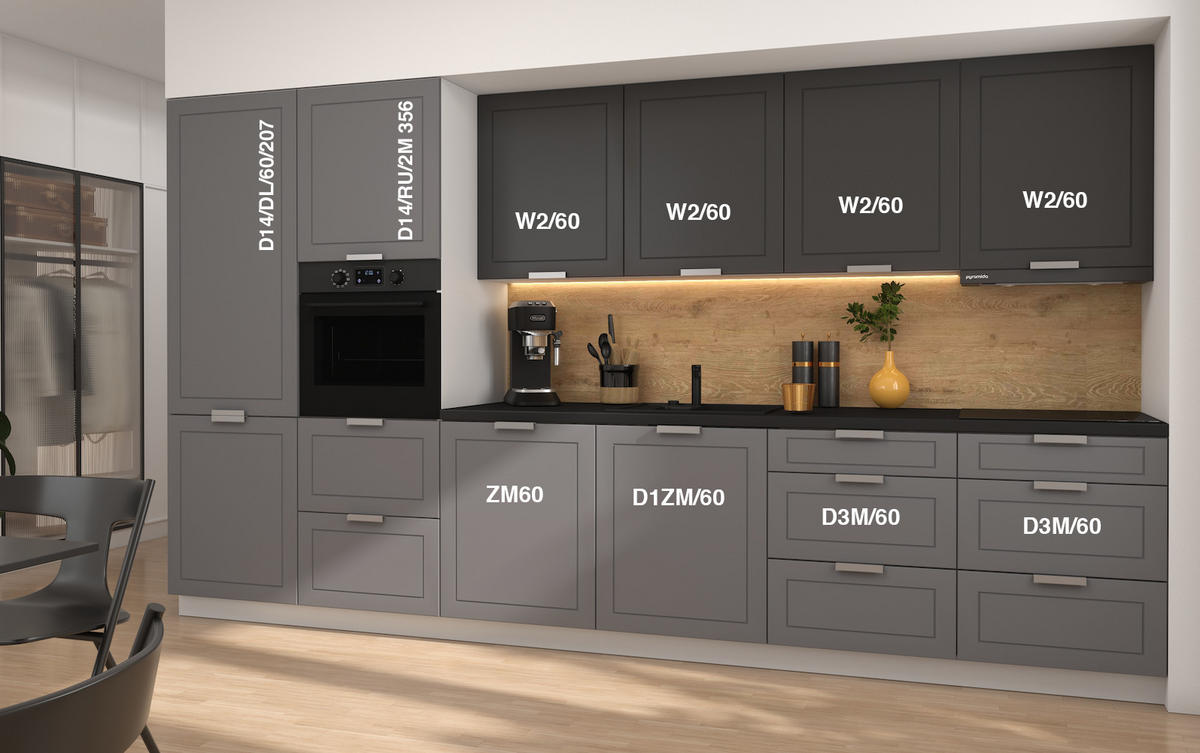 KÜCHENLEERBLOCK Kvantum weiß / dust grey & graphit matt, Arbeitsplatte schwarz 360 / 60 / 207cm 10-teilig - Schwarz/Grau, Holzwerkstoff/Metall (360/207/60cm) - Feldmann-Wohnen