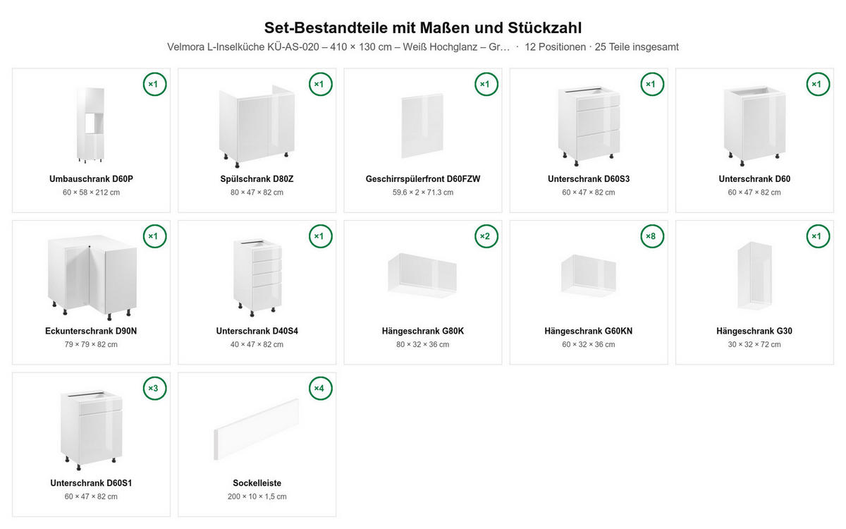 L-KÜCHE mit Insel Velmora Weiß Hochglanz – 410 × 130 cm + Insel 180 cm – KÜ-AS-020 – Weiß - Weiß, Holzwerkstoff (410/212/58cm) - ROYAL24_MARKT