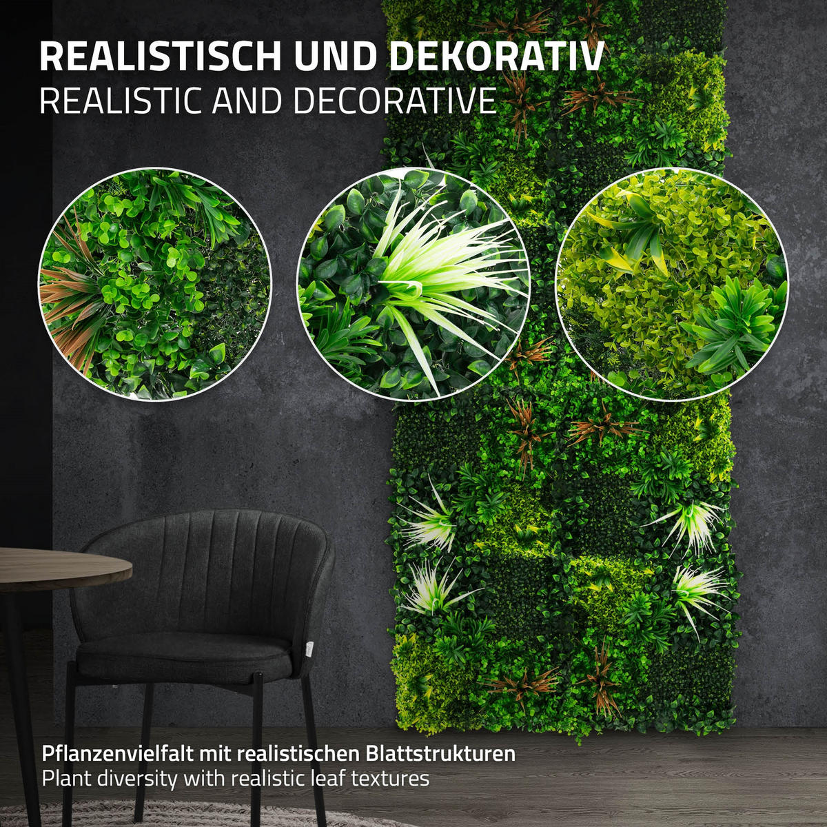 KÜNSTLICHE PFLANZENWAND 4er Set 50x50 cm Kunstpflanzen Wand Innen Aussen Grün Sunburst - Grün, Kunststoff (50/50/10cm) - ECD-Germany