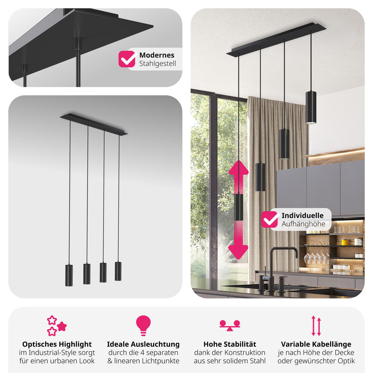 HÄNGELEUCHTE Lumea,75 x 9 x 146 cm ,schwarz - Schwarz, Metall (9/75/146cm) - tectake