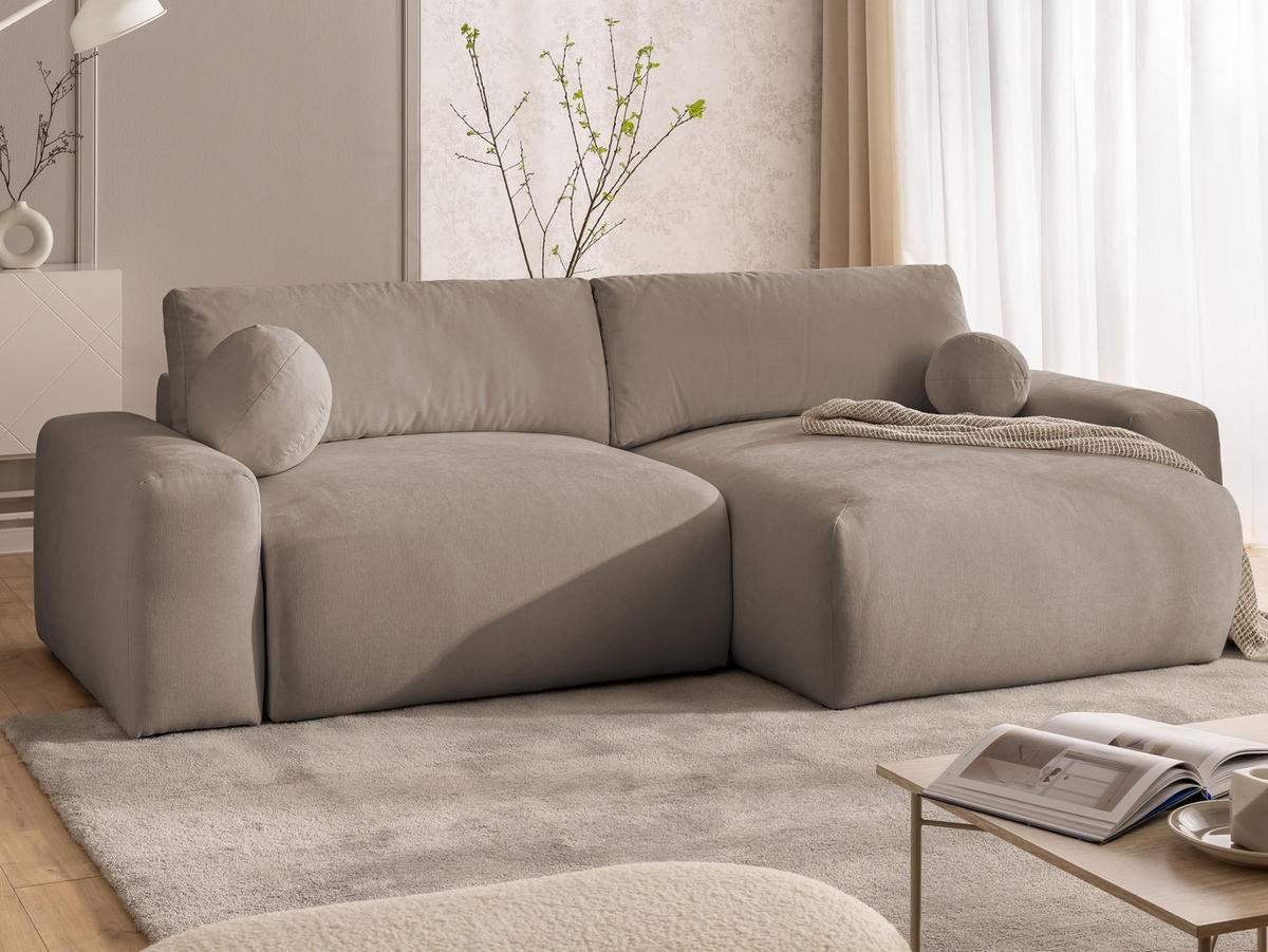 ECKSOFA Puffy mit Schlaffunktion und Bettkasten - besonders weich und puffig aus Greige Webstoff - Ottomane rechts - Greige/Schwarz, Holz/Kunststoff (266/138cm) - S-Style Möbel