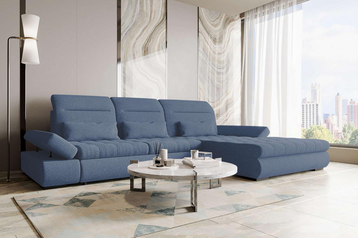 ECKSOFA Toscana Plus Strukturstoff inkl. Schlaffunktion - Blau, Textil (300/179cm) - 99rooms