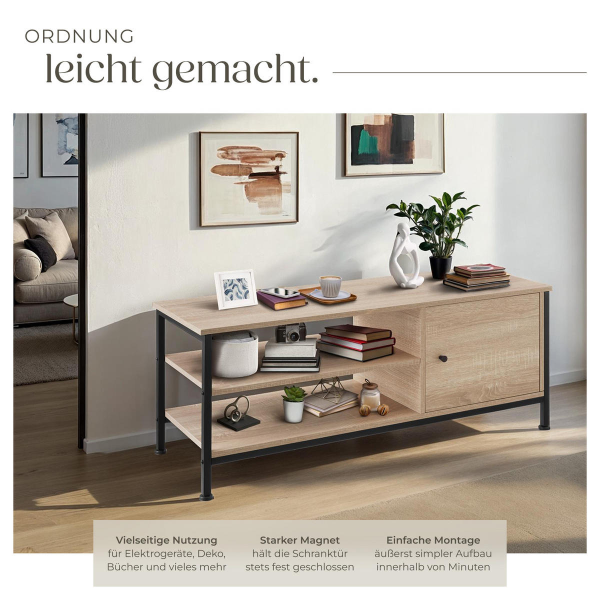 TV-REGAL Durban,110 x 40 x 45,5 cm,Industrial Holz hell, Eiche Sonoma - Naturfarben, Holzwerkstoff (40/45.5/110cm) - tectake