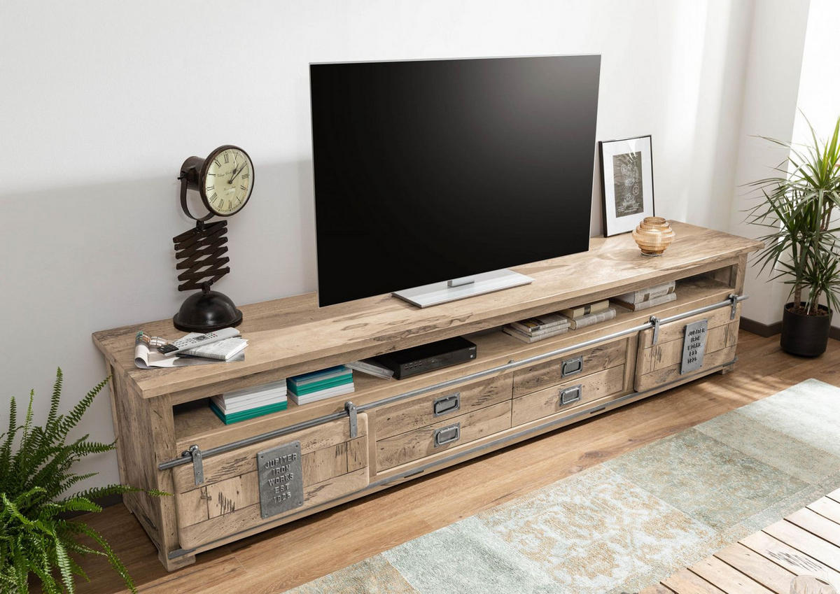 TV-BOARD Mango 260x50x60 whitewash lackiert RAILWAY #355 - Beige, Holz (260/60/50cm) - Massivmoebel24