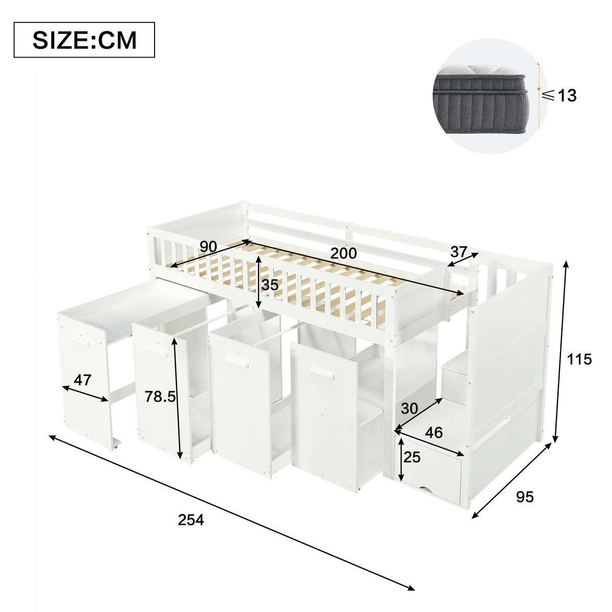 ETAGENBETT 90/200 cm Weiß mit Schreibtisch und viel Stauraum aus Kiefer und MDF - Weiß, Holzwerkstoff (90/200cm) - OKWISH