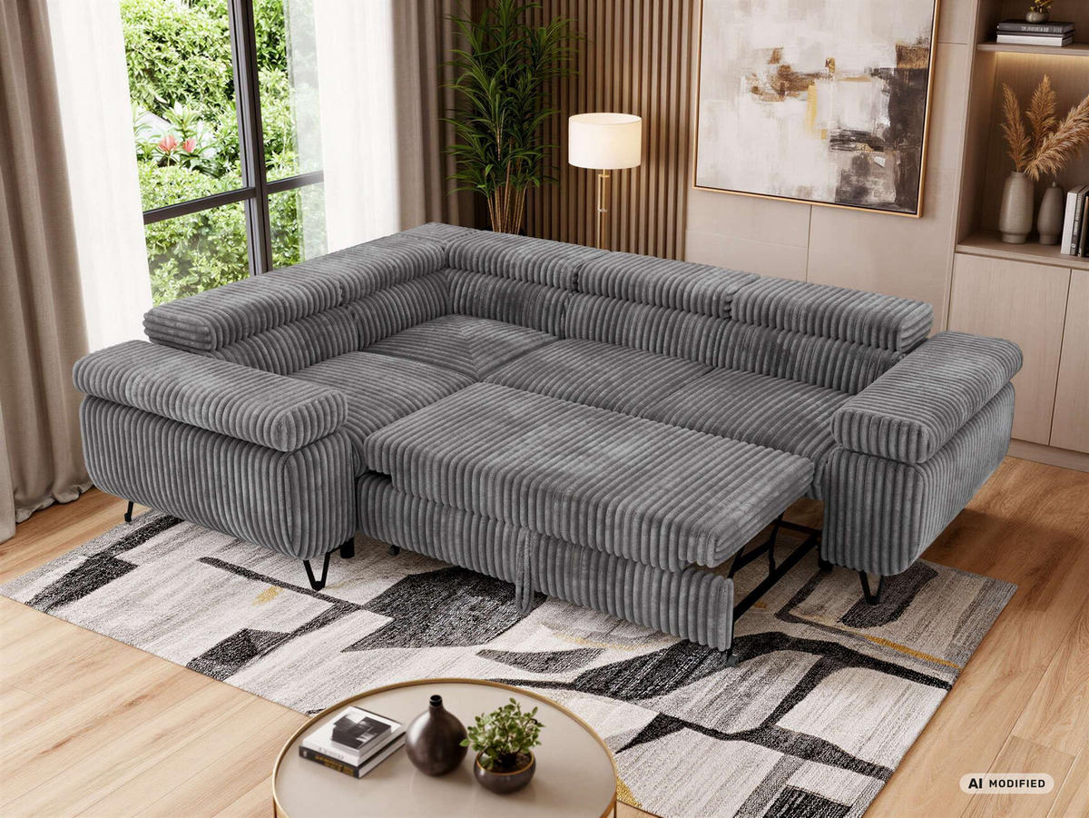 ECKSOFA FALCO L - Grau Cord - Links Seite - Schwarz/Grau, Textil/Metall (197/268cm) - MKS