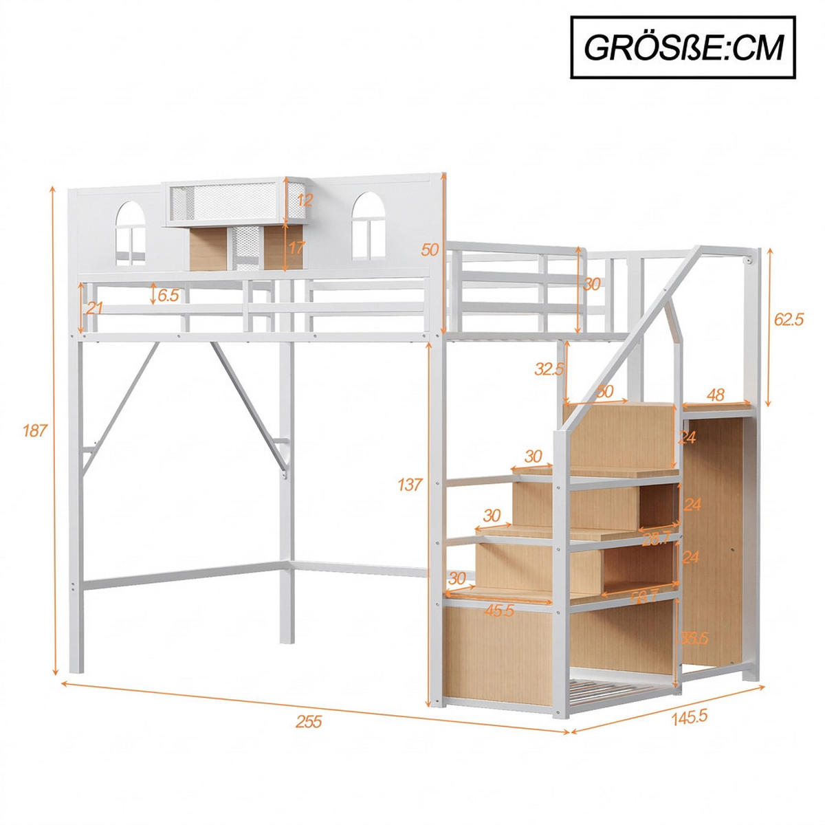 HOCHBETT 140/200 cm Weiß mit Stautreppen, Lichtleisten und Staufächer - Weiß, Metall (140/200cm) - Oxeza