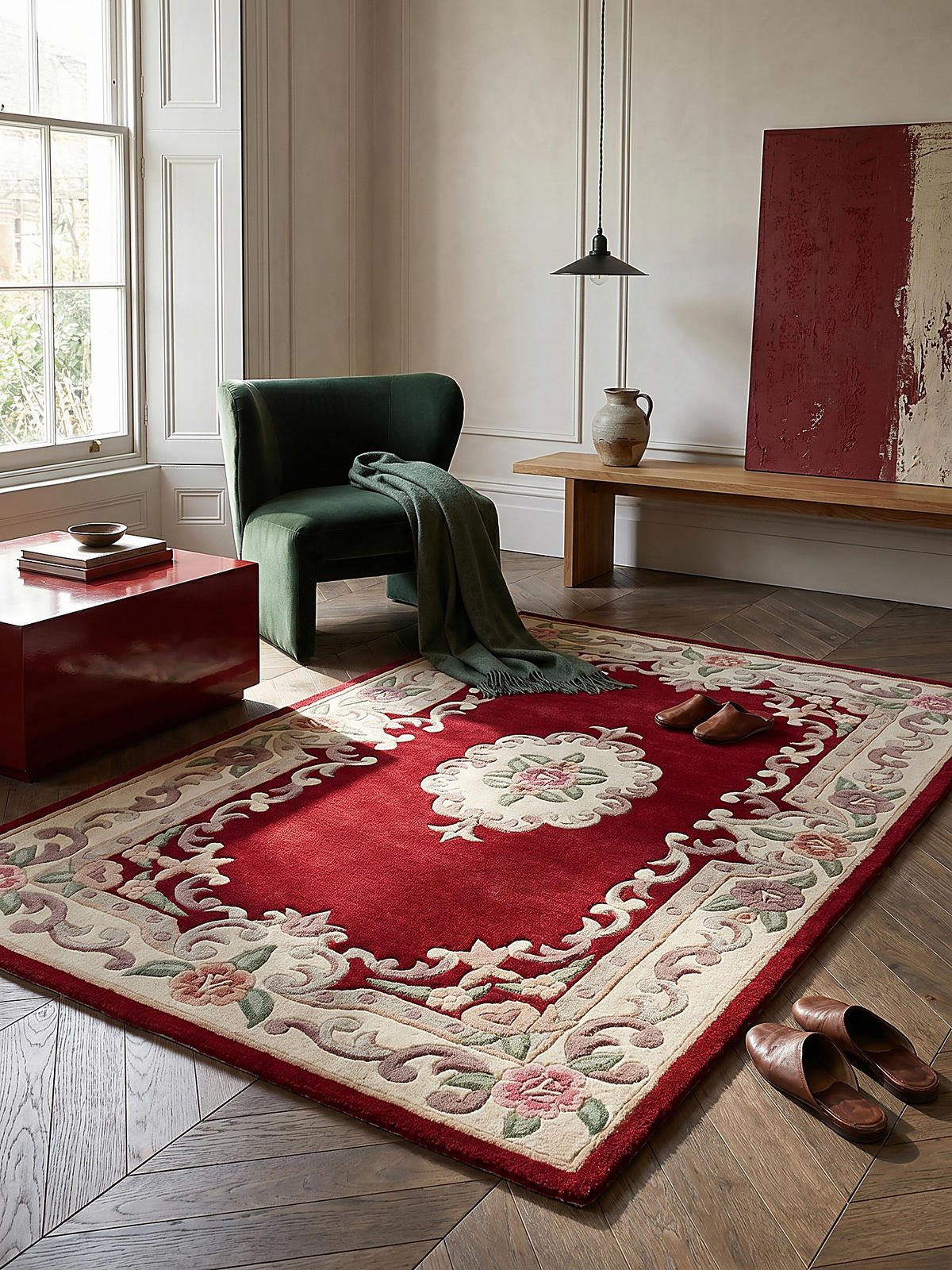 WOLLTEPPICH Aubusson-Muster handgeknüpft BEAULY, Rot-Beige 75x150 cm - Rot, Textil (150/75cm) - KADIMA DESIGN