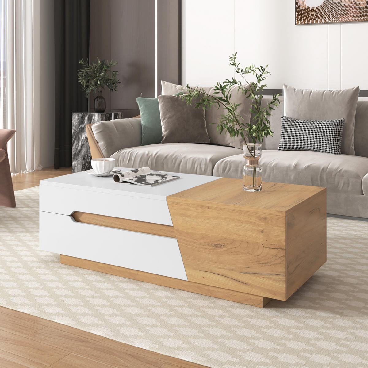 COUCHTISCH aus MDF mit verschiebbarem Stauraum und 2 Schubladen, 120/50/37,5 cm, weiß und natur - Weiß, Holzwerkstoff (120/50/37.5cm) - Redom