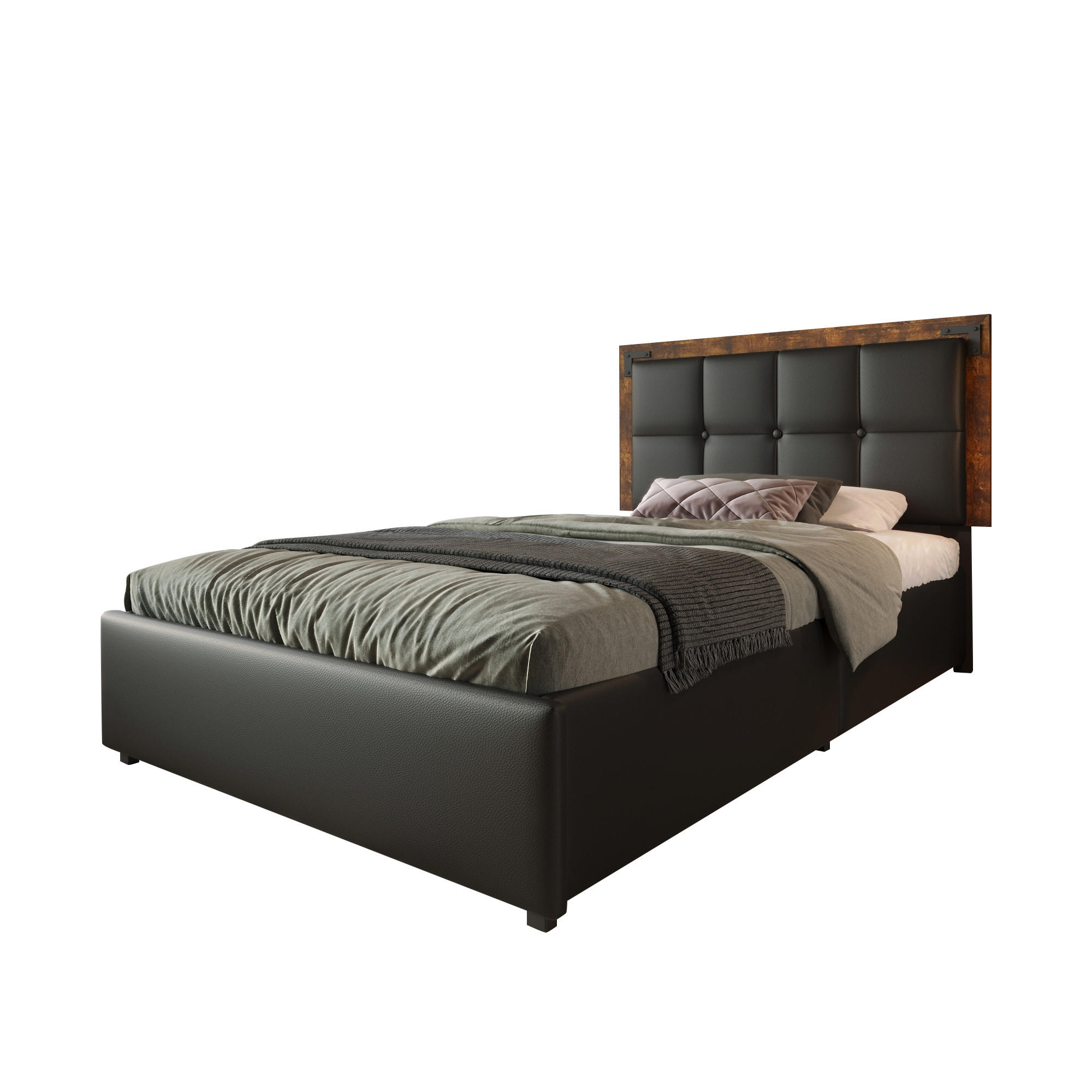 POLSTERBETT aus Kunstleder 90x200 cm in Schwarz mit LED-Beleuchtung & 4 Schubladen - Schwarz, Leder (90/200cm) - Modfu