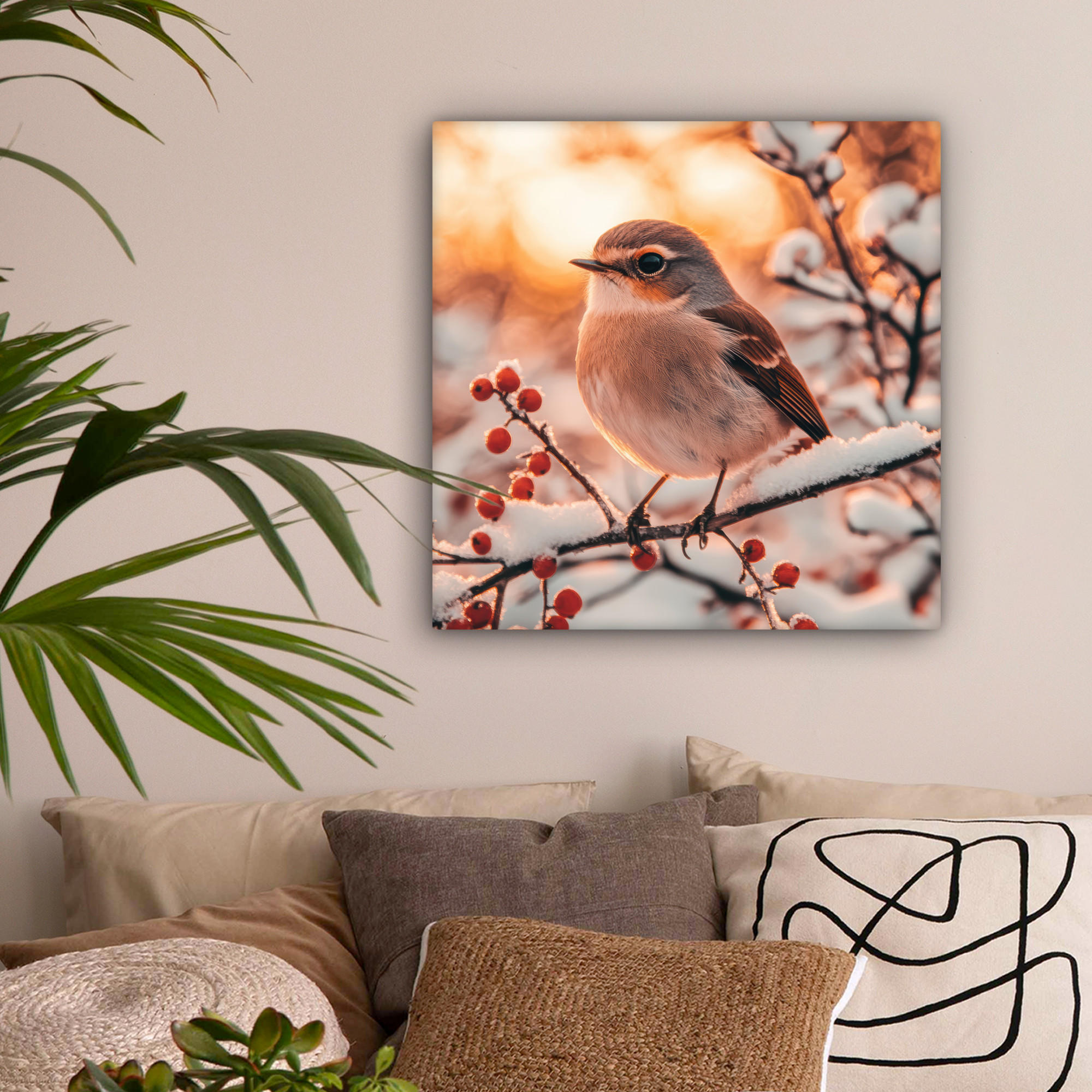 LEINWANDBILD Vogel - Zweig - Winter - Tiere - Schnee 50x50 cm - Bernsteinfarben, Textil (50/50cm) - MuchoWow