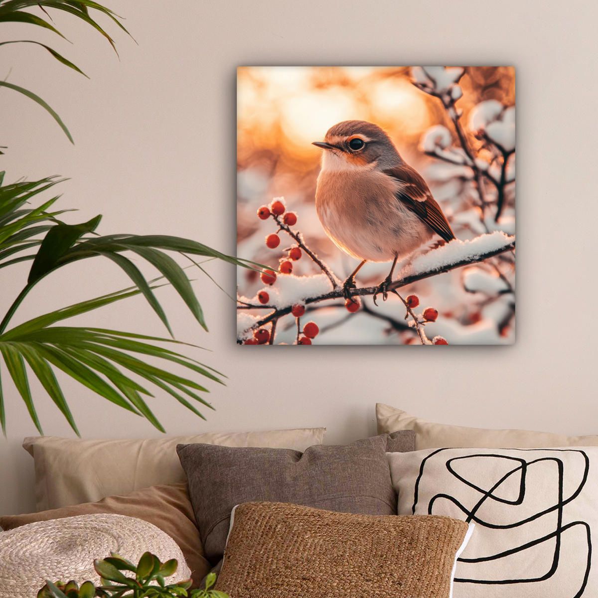 LEINWANDBILD Vogel - Zweig - Winter - Tiere - Schnee 50x50 cm - Bernsteinfarben, Textil (50/50cm) - MuchoWow