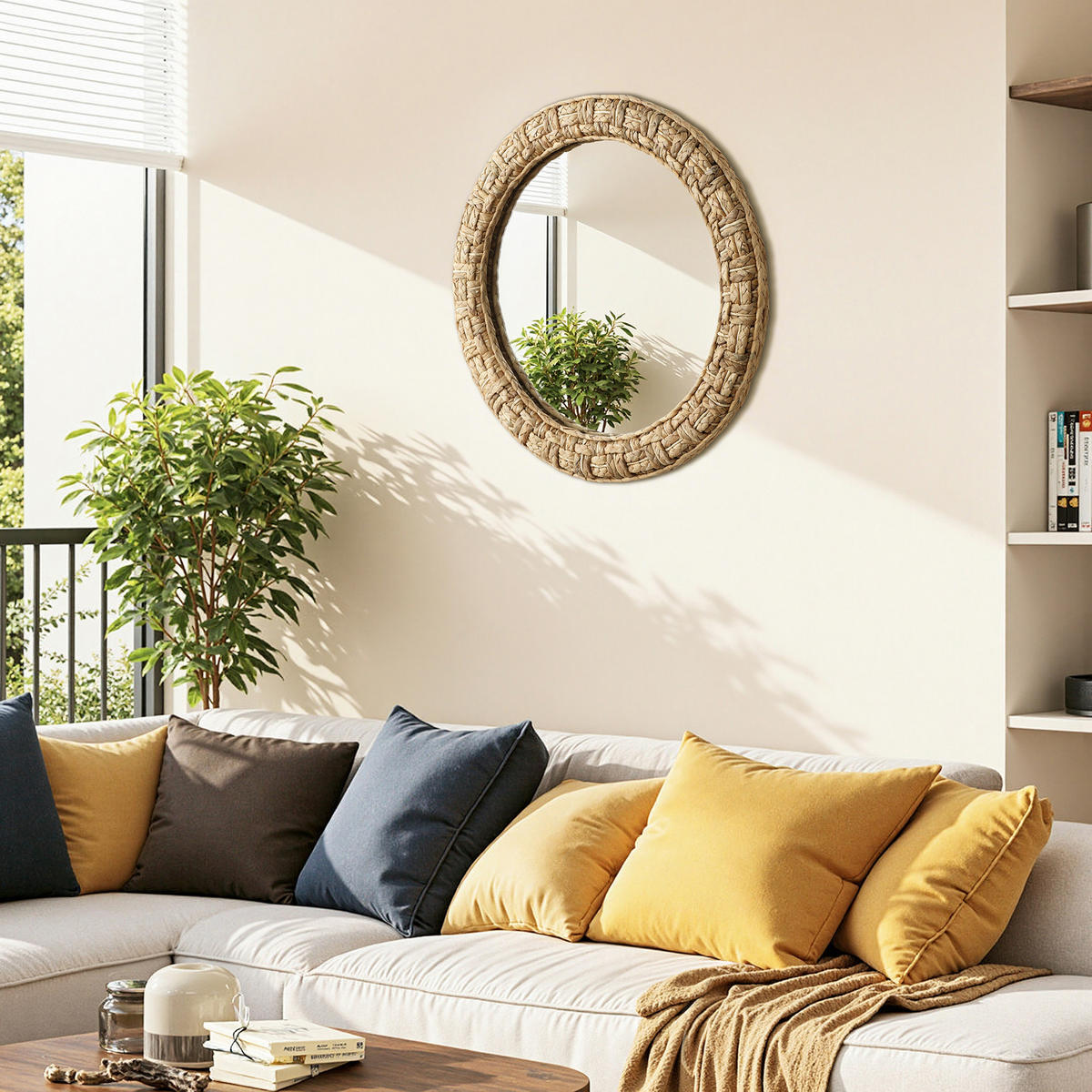 52CM H Runder Wandspiegel mit Rahmen aus geflochtener Wasserhyazinthe Geeignet für Badezimmer, Wohnzimmer und Schlafzimmer - Hellbraun/Beige, Glas/Holz (52/3.5/52cm) - Hometopia