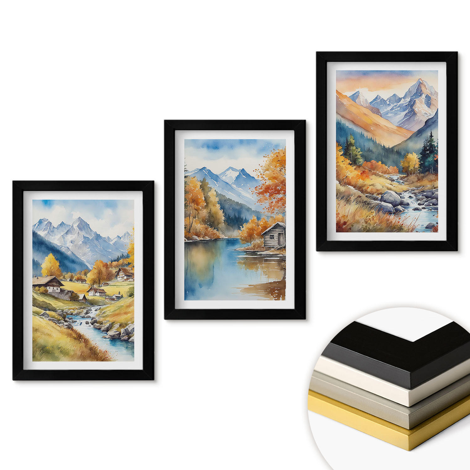 WANDBILDER 3er-Set - 20x30 cm Schwarzer Rahmen - Herbstliche Berge, Flusshäuser - Schwarz, Kunststoff (20/30cm) - ArtPrintCave