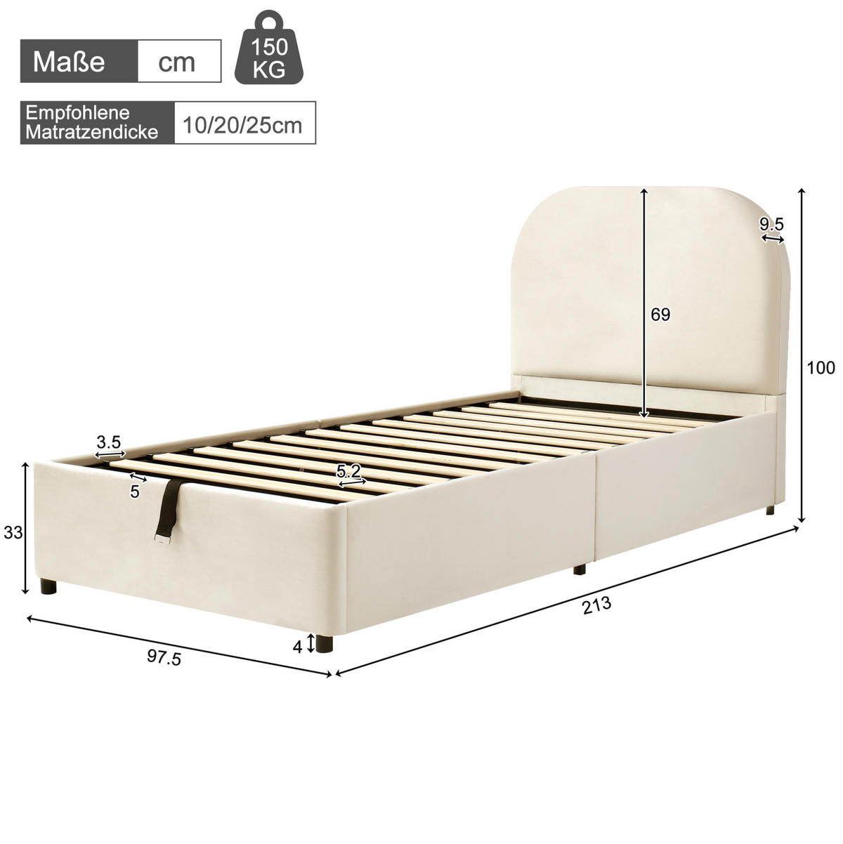 KINDERBETT 90/200 cm mit hydraulischem Bettkasten, Lattenrost und gepolstertem Kopfteil aus Samt, Beige - Beige, Textil (90/200cm) - Redom