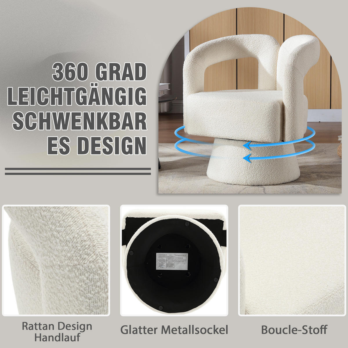 KRESLO 55/67/74 cm béžové 360° otočné z buklé látky - béžová, textil (55/74/67cm) - OKWISH