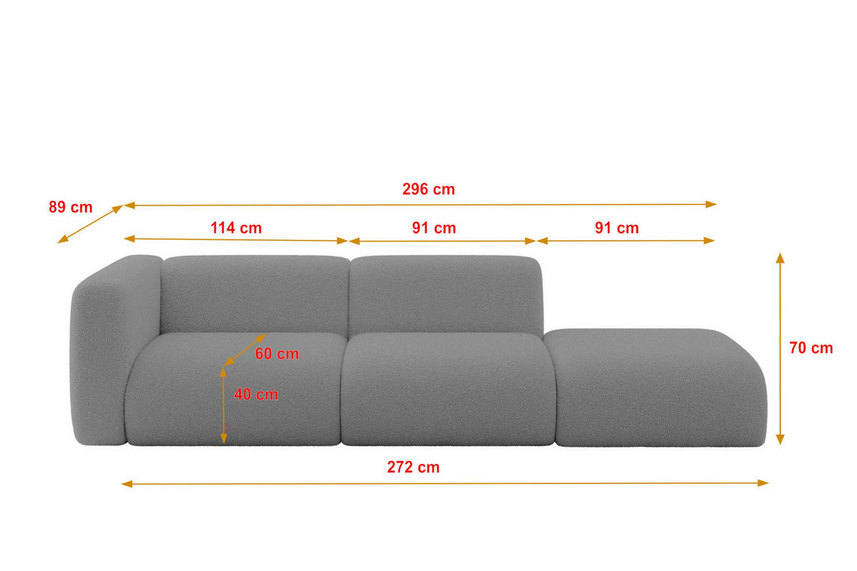 SOFA Ottomane Links MIRA-S3 296x89x70 Grau Bouclé - Platinfarben/Schwarz, Holzwerkstoff/Kunststoff (296/70/89cm) - ALTDECOR