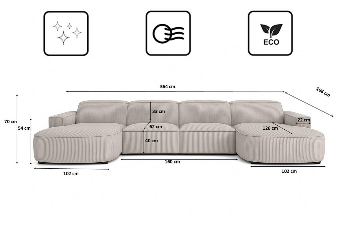 ECKSOFA Cursal Round U-Form, Stoff Poso, Beige - Beige, Holz (364/166cm) - Kaiser Möbel