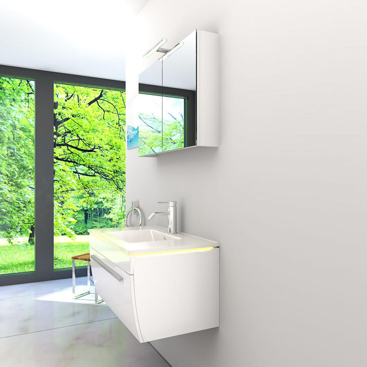 BADMÖBEL Set Gently 3 V1 Weiß MDF Waschtisch 80cm ohne LED-Beleuchtung - Weiß, Glas/Kunststoff (46/52/60cm) - AcquaVapore by Sandra Jentho