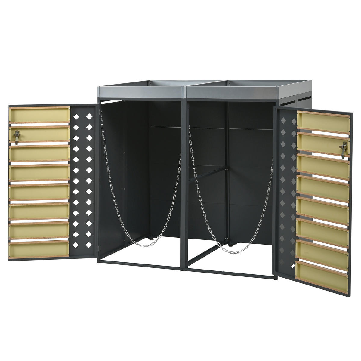 MÜLLTONNENBOX 2 Türen Holzoptik abschließbar Pflanzdach - Multicolor, Metall (80/124.58/132cm) - FLIEKS