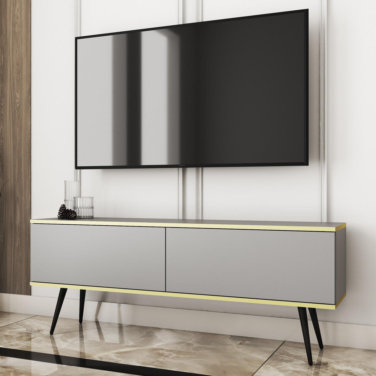 TV-LOWBOARD FORNO (Grau, Goldene Details, 2 Türen, schwarze Metallfüße, 135 cm) - Schwarz/Grau, Holz/Holzwerkstoff (135/53/32cm) - Ravio