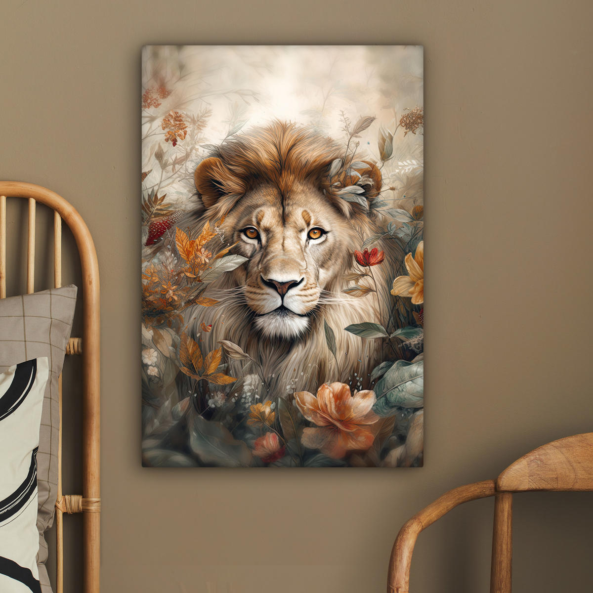 LEINWANDBILD Löwe - Wildtiere - Pflanzen - Natur - Blumen 60x90 cm - Beige, Textil (60/90cm) - MuchoWow