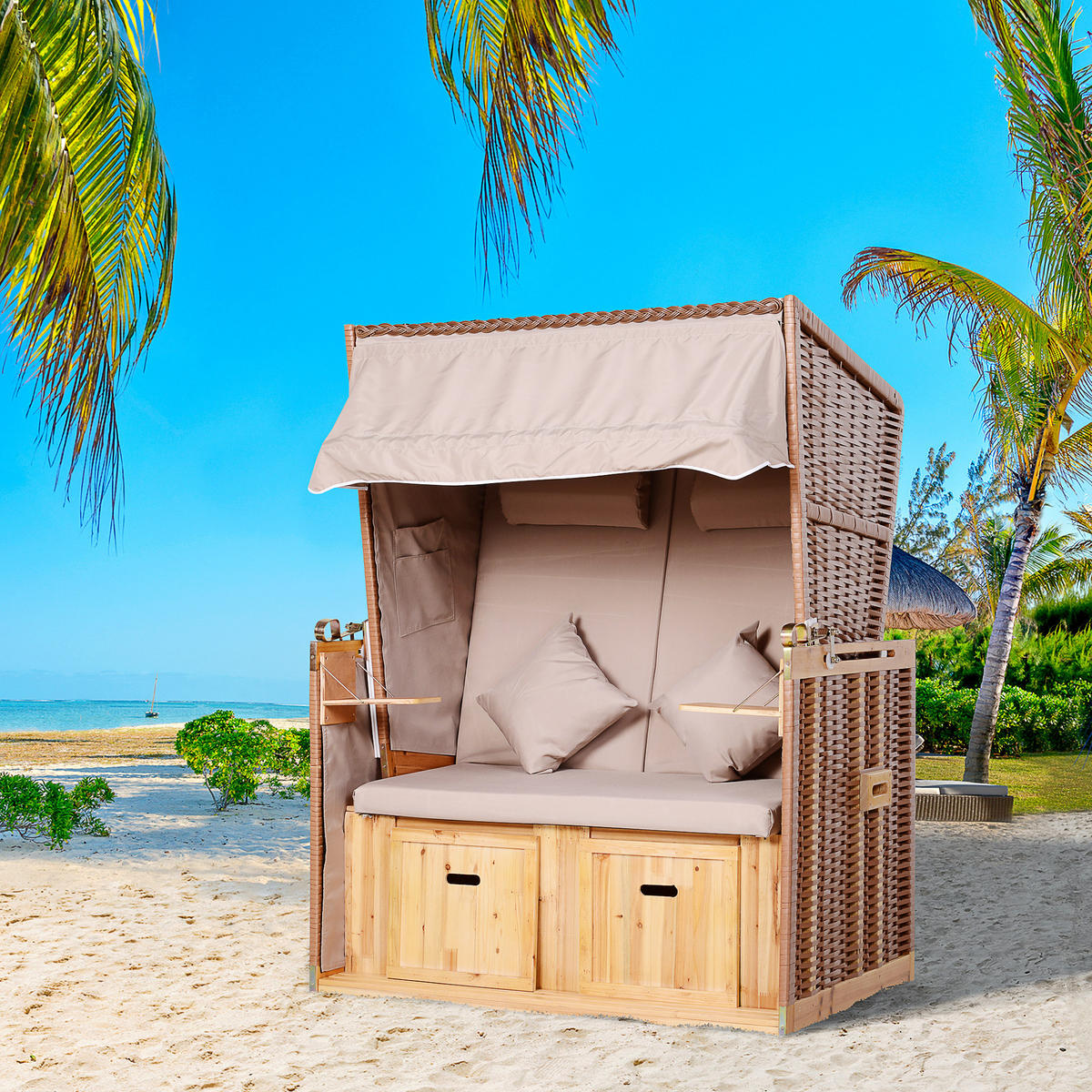 STRANDKORB mit Klapptisch Sitzhocker Getrankehaltern PE Rattan Beige - Beige, Kunststoff (79/150/118cm) - Outsunny