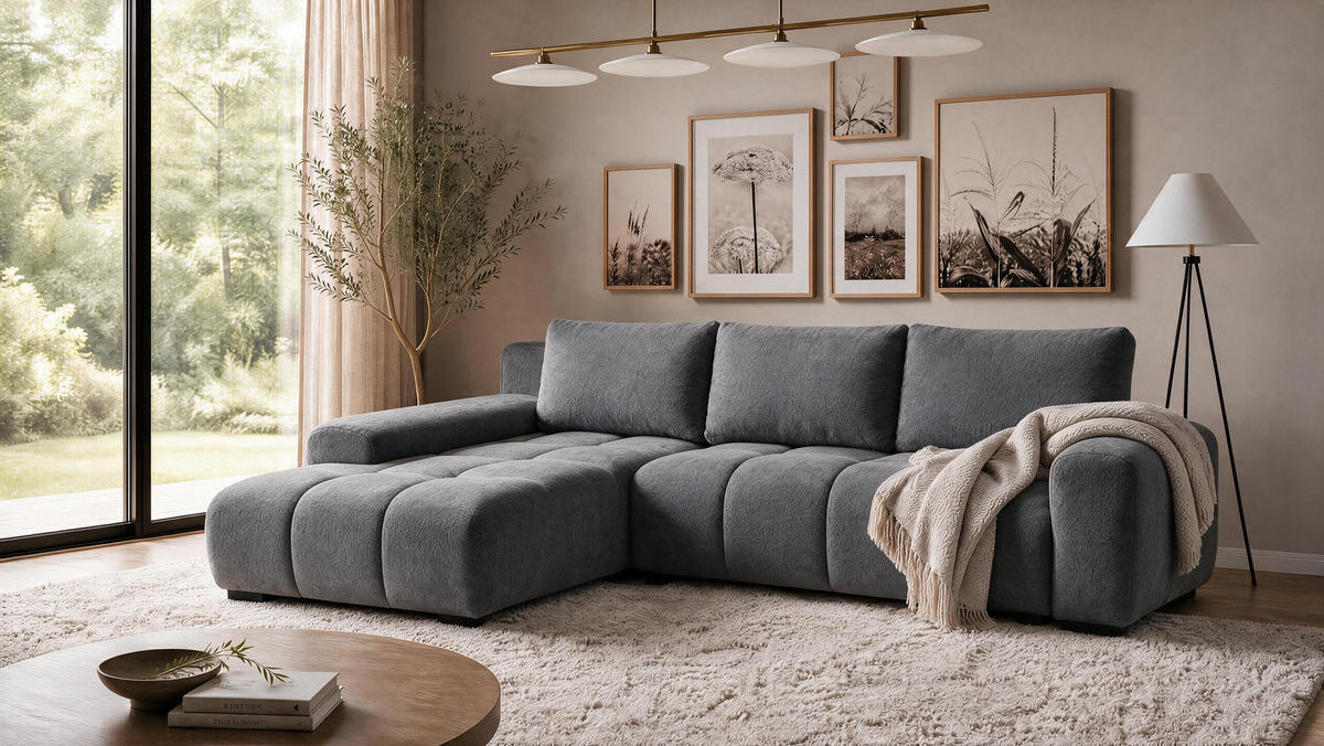 ECKSOFA Ovia mit Bettkasten und Schlaffunktion, Bouclé-Stoff in L-Form - Dunkelgrau, Textil (270/185cm)