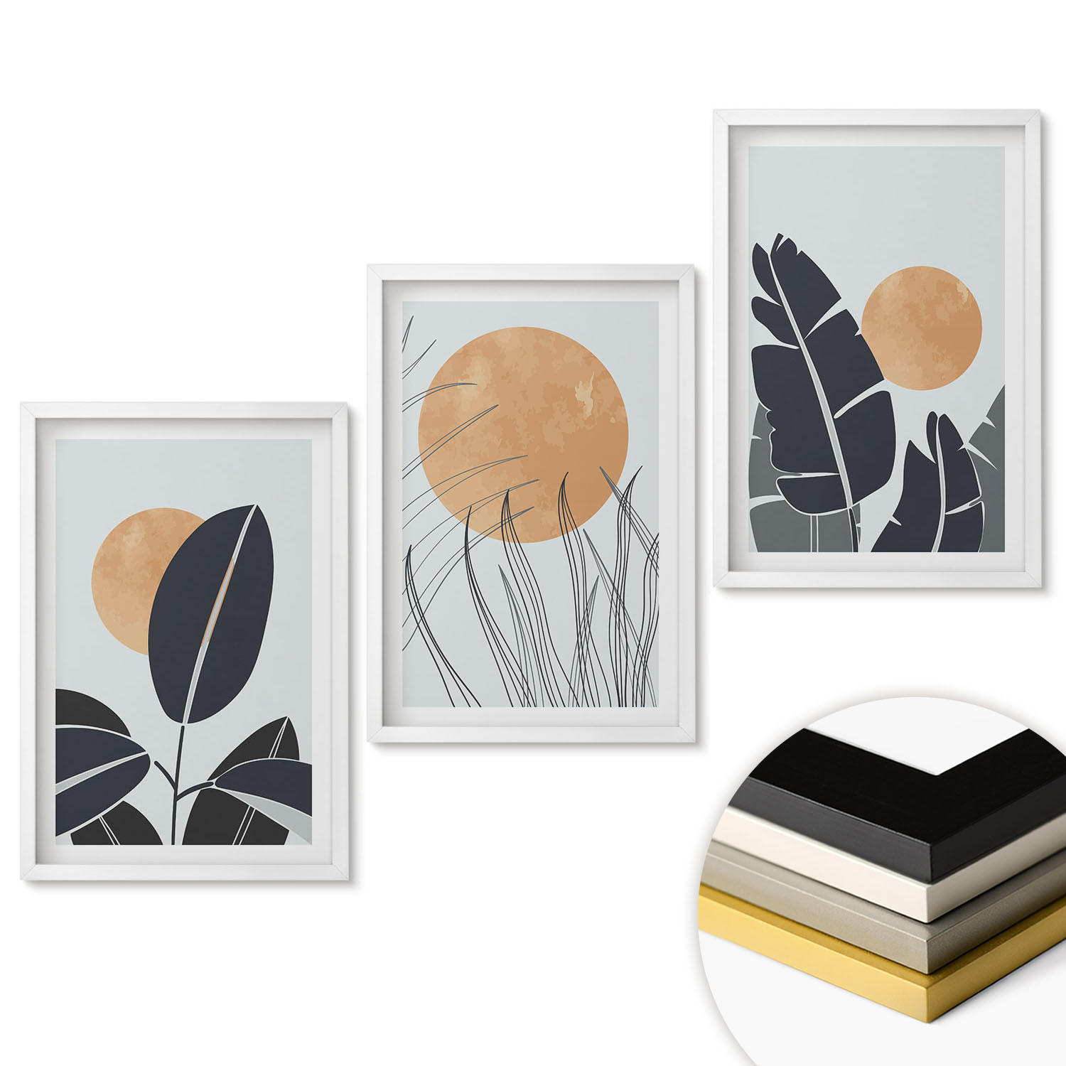 WANDBILDER 3er-Set - 40x60 cm Weißer Rahmen - Pflanzenmuster große Sonnen minimalistisch - Weiß, Kunststoff (40/60cm) - ArtPrintCave