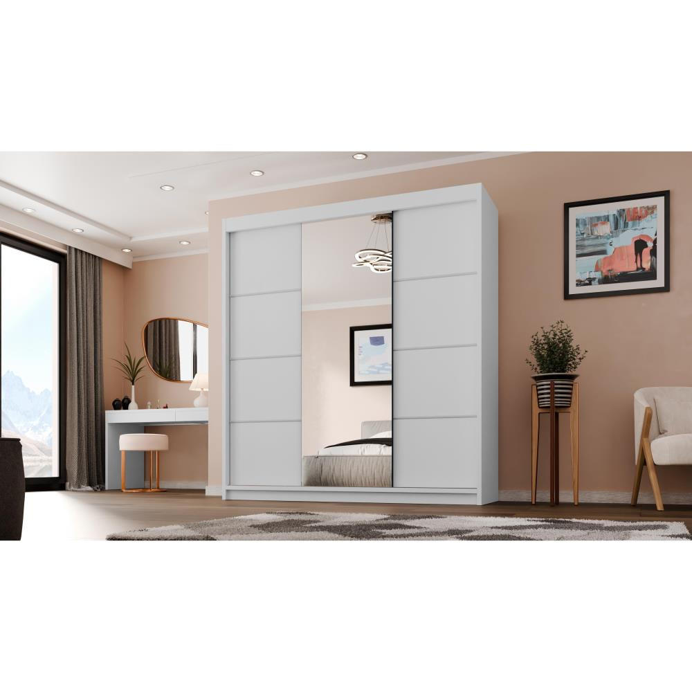 SCHWEBETÜRENSCHRANK Milo 200/215/58 3-türig weiß mit Spiegel - Weiß, Holzwerkstoff (200/215/58cm) - Beautysofa