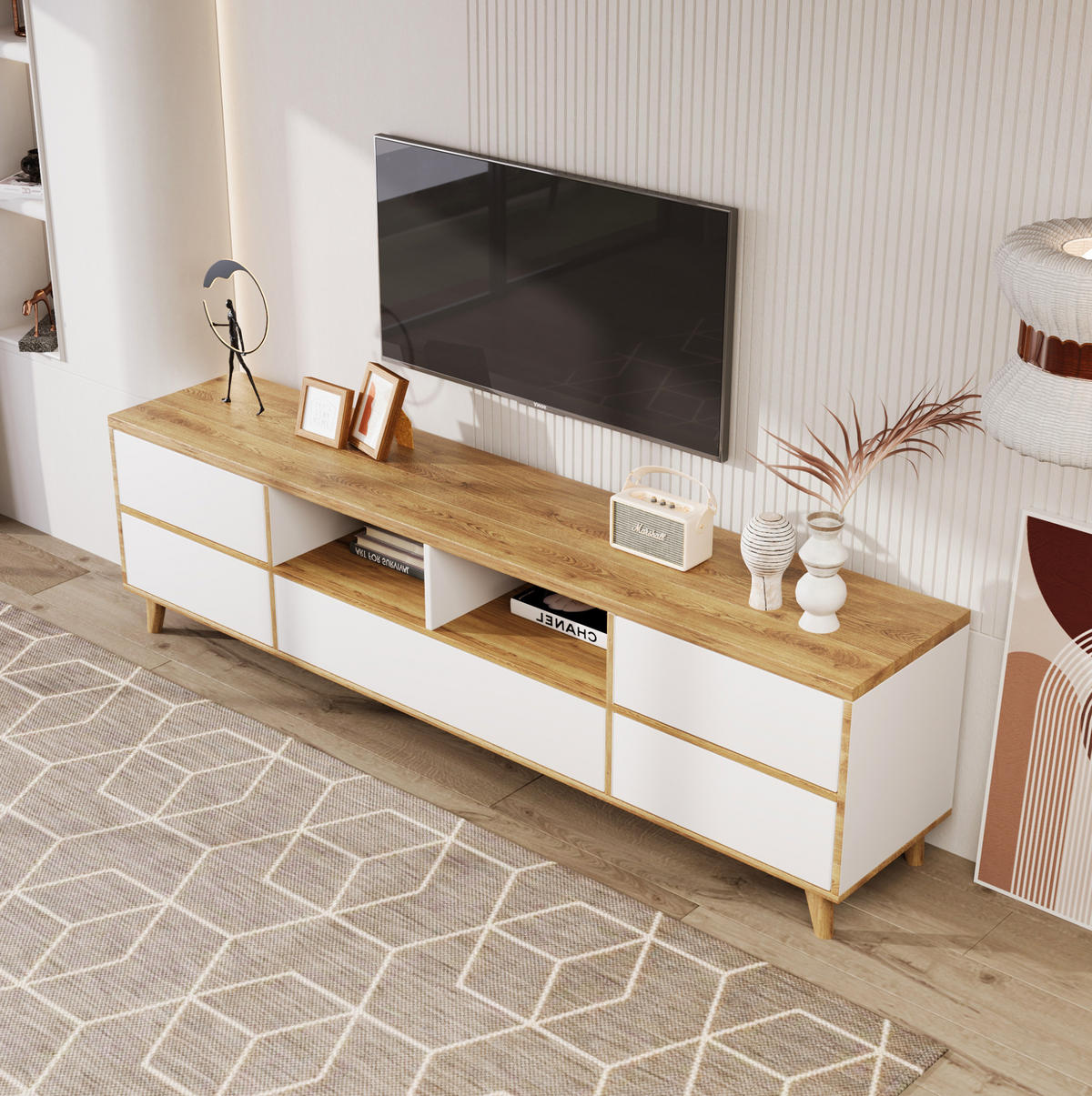 TV-LOWBOARD in Weiß und Holzoptik mit Türen und Fächern 175/37/51 cm - Weiß, Holzwerkstoff (175/51/37cm) - Redom