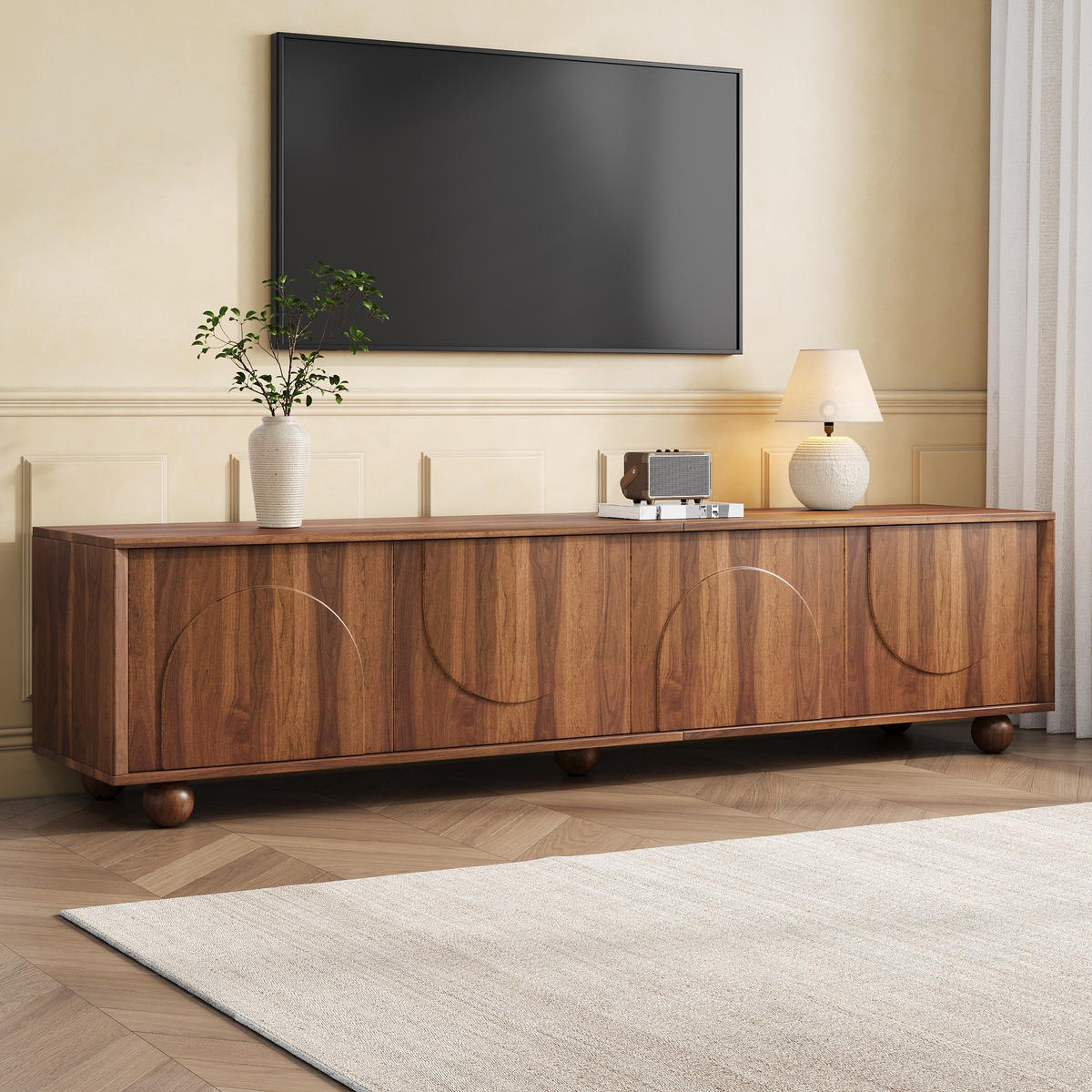TV-RACK 180cm NussbaumHolzdekor RetroFernsehbank PushtoOpen - Walnussfarben, Holz (48.01/18.01/115.01cm) - Raelunyi