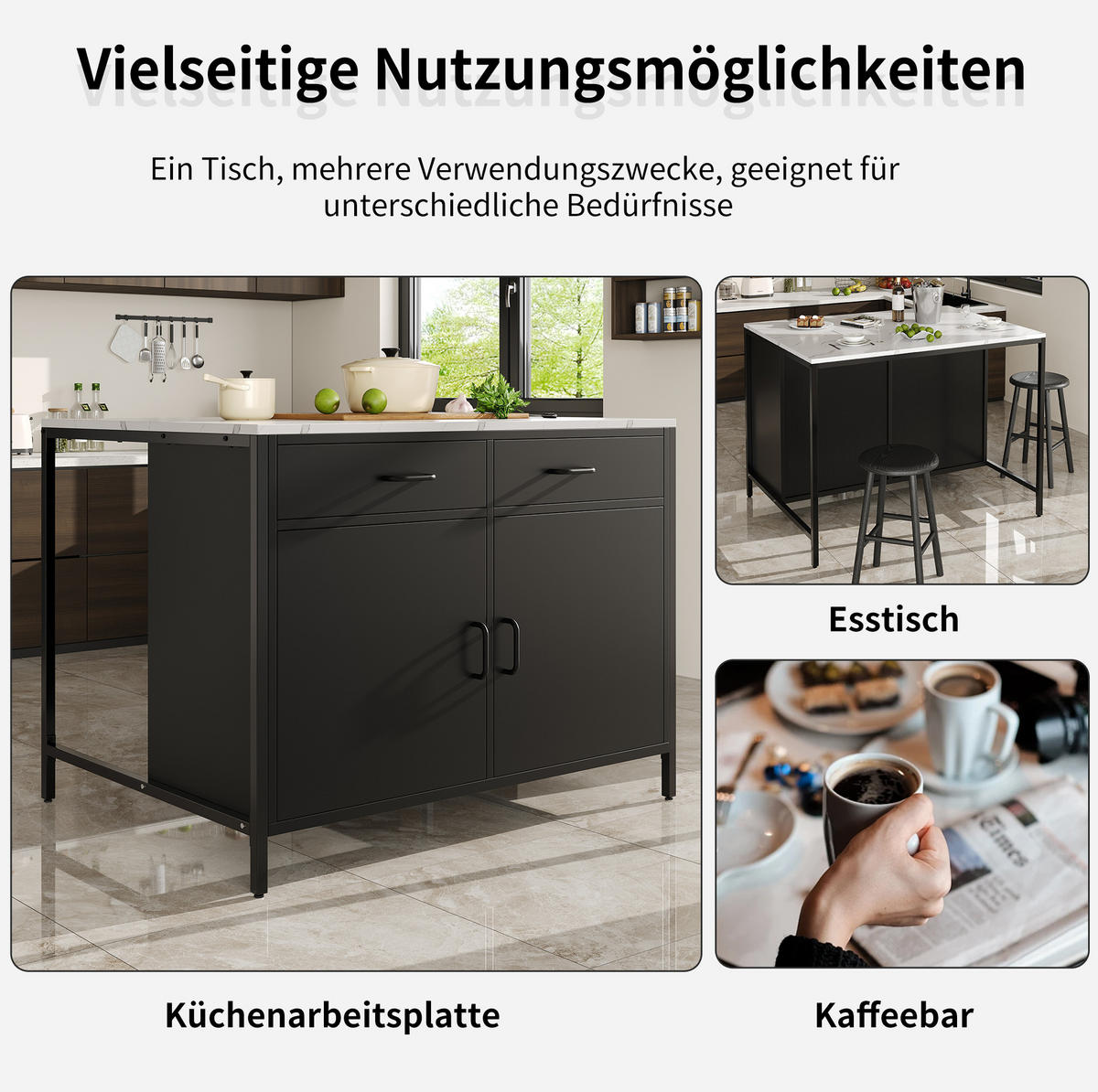 STEHTISCH 100x90x90cm Schwarz Marmoroptik mit 2 Schubladen & Eisenbeinen - Schwarz, Holzwerkstoff (100/90/90cm) - Modfu