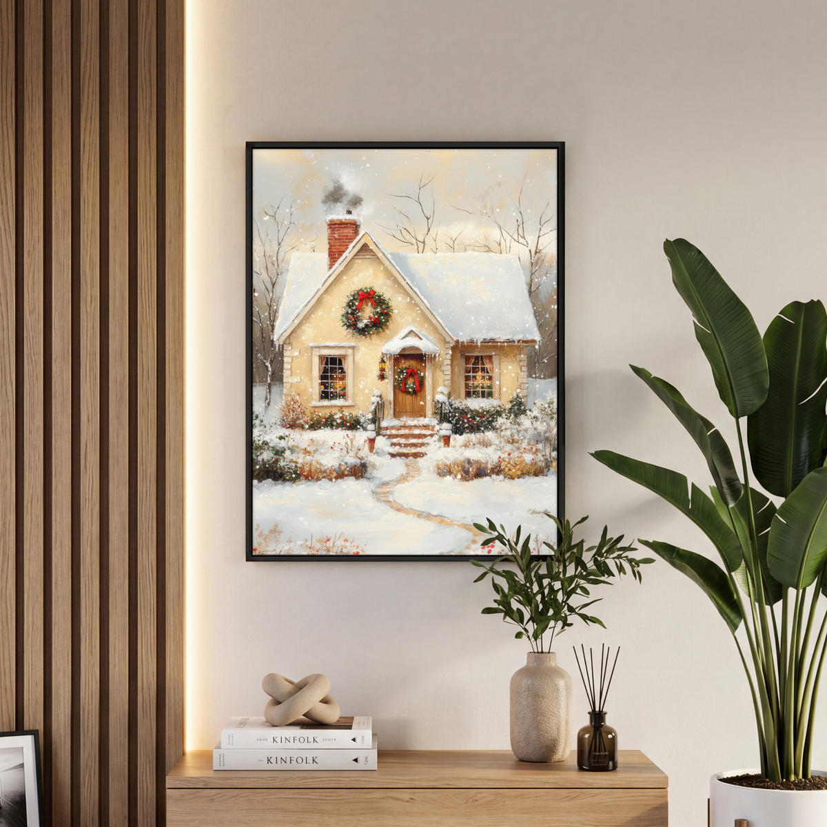 LEINWAND Bilder mit Rahmen - Weihnachten - Zuhause - Winter - Schnee - 50x70 - Creme, Textil (50/70cm) - MuchoWow