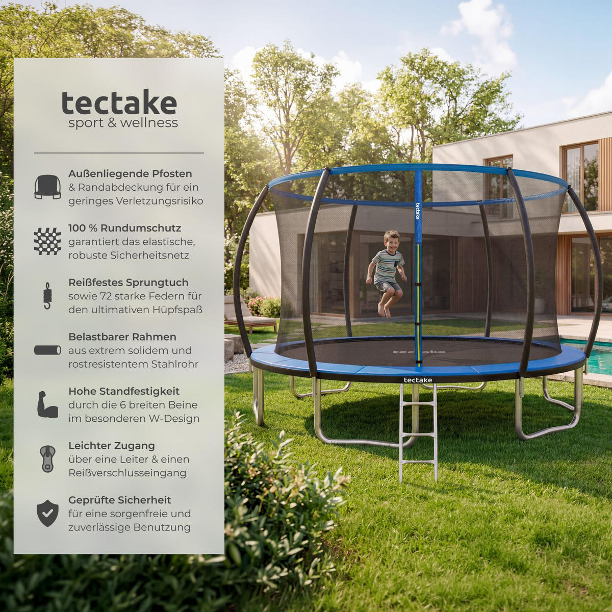 TRAMPOLIN Jumpy, inklusive Einstiegsleiter, schwarz/blau - Blau/Schwarz, Metall (394/275/394cm) - tectake