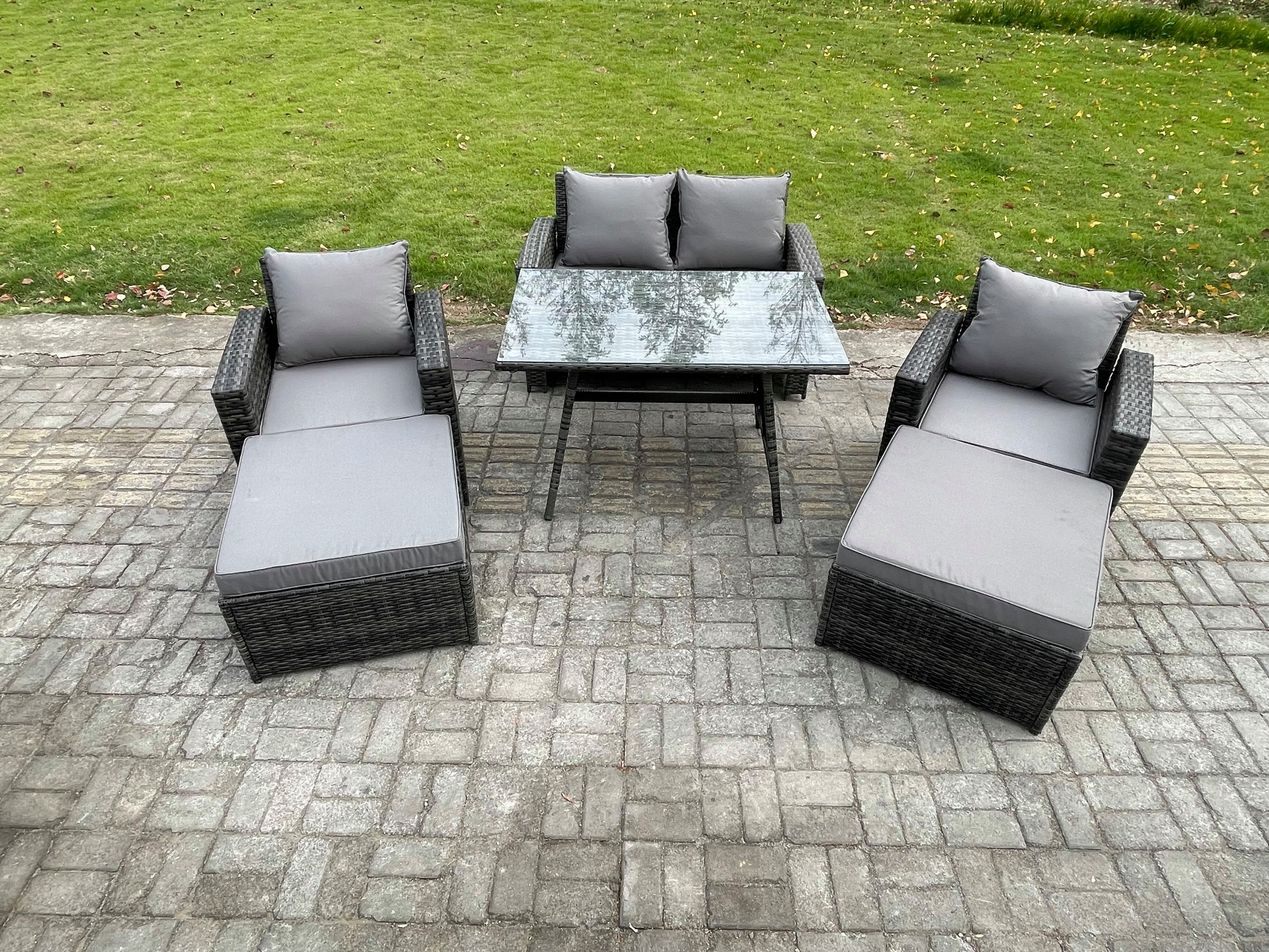 GARTENMÖBELSET mit ESSTISCH,HOCHLEHNER-SOFA Polyrattan Dunkelgrauer Mix 7-Sitzer - Dunkelgrau/Grau, Glas/Kunststoff - Fimous