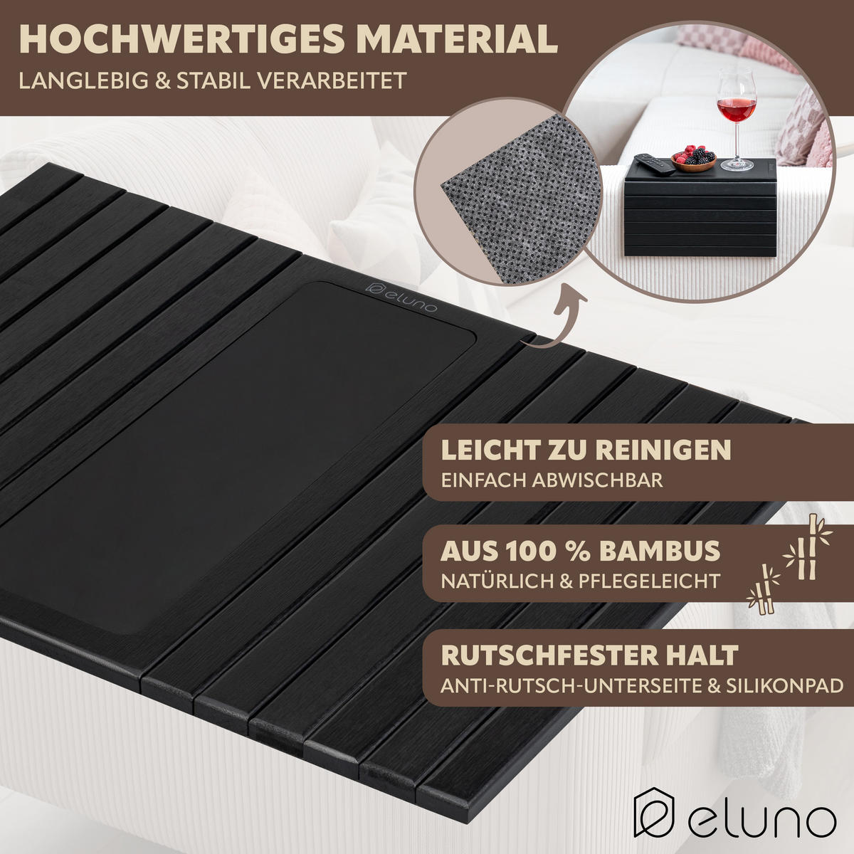 ARMLEHNEN-SOFATABLETT mit rutschfester Silikonablage, Bambus, schwarz - Schwarz, Naturmaterialien (47/1/34cm) - eluno