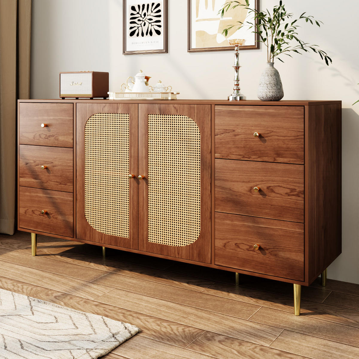 BOČNÍ skříň 160/40/90 cm v dekoru dřeva z MDF s ratanovými dvířky a zásuvkami - barva dubu, kompozitní dřevo (160/90/40cm) - OKWISH