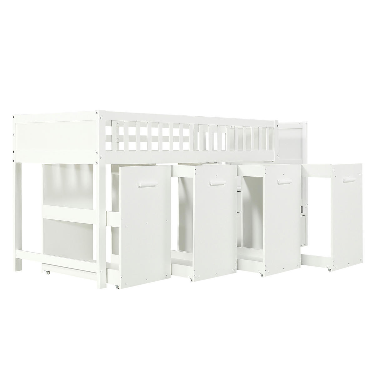 POSCHODOVÁ posteľ 90/200 cm biela z borovice a MDF s písacím stolom úložným priestorom a skriňami - biela, kompozitné drevo (90/200cm) - OKWISH