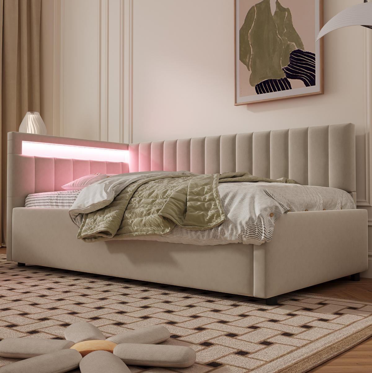 ČALÚNENÁ posteľ 90x200 cm zo zamatu béžová s LED osvetlením a hydraulickým úložným priestorom - béžová, textil (90/200cm) - Modfu
