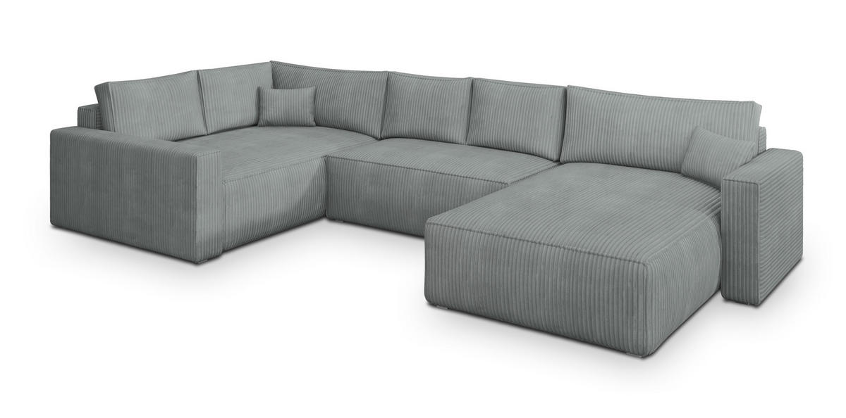 WOHNLANDSCHAFT VELAMI L-S Hellgrau Kordstoff mit Schlaffunktion - Hellgrau, Holz (365/83/194cm) - MASSENO