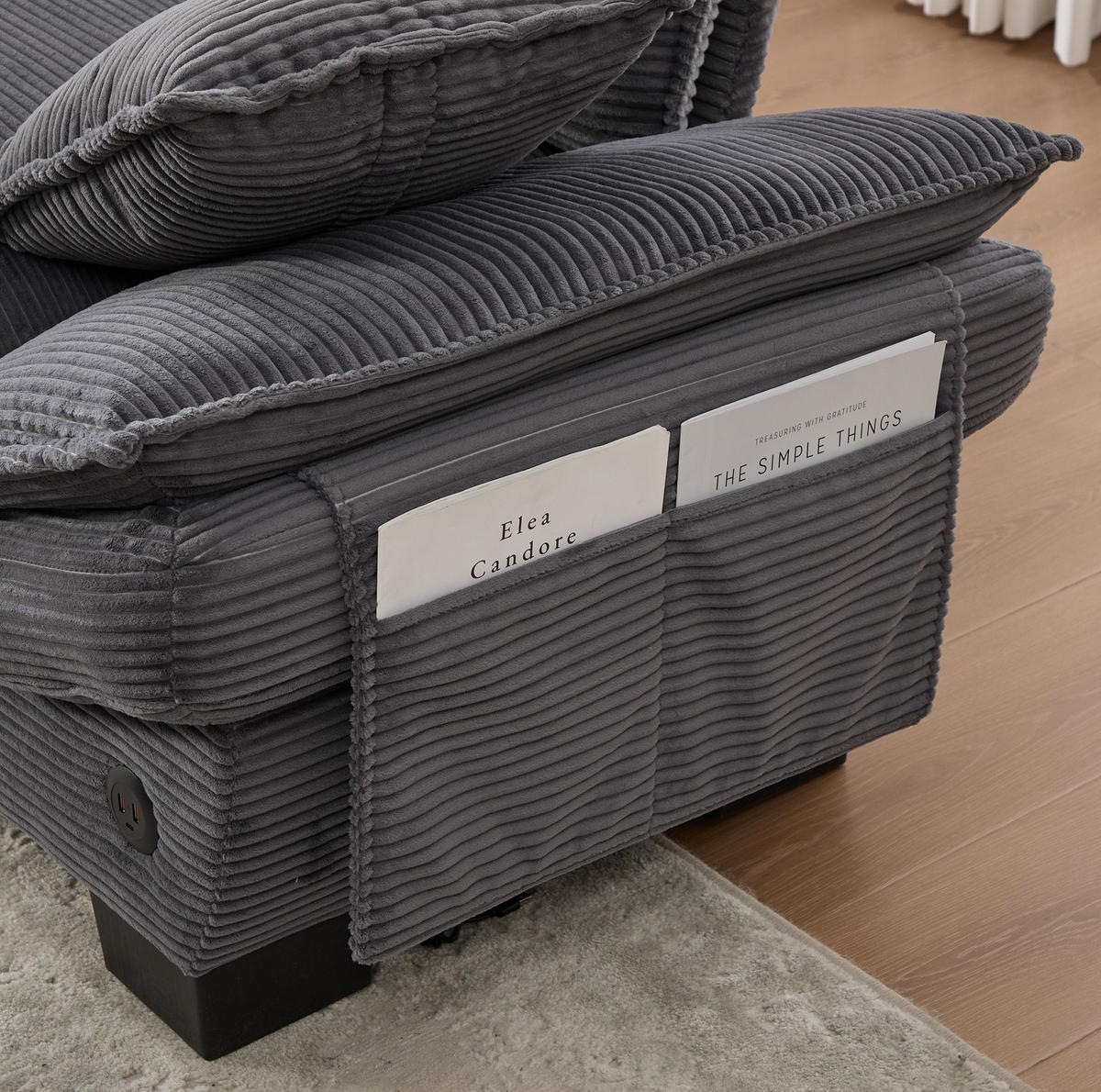 ECKSOFA aus Cord 260x132x84 cm in Dunkelgrau mit USB-C & Hocker - Dunkelgrau, Textil (132/260cm) - Modfu