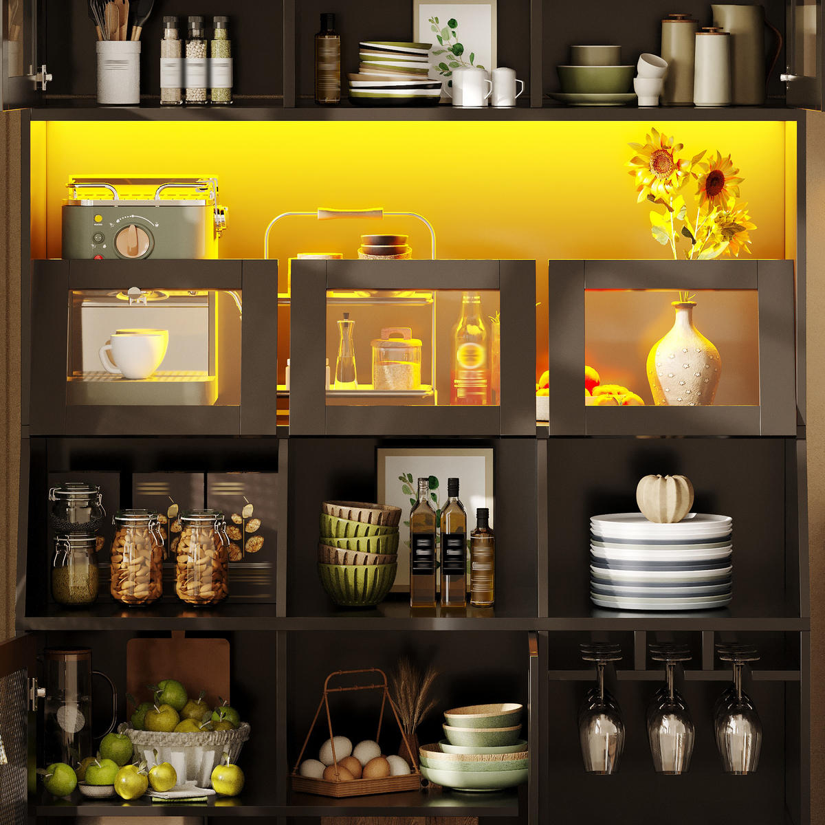 HIGHBOARD in Schwarz Anrichte mit USB-Anschluss, LED und Glastüren, B120/T40/H181.7cm - Schwarz/Naturfarben, Holzwerkstoff (120/181.7/40cm) - STILVORA