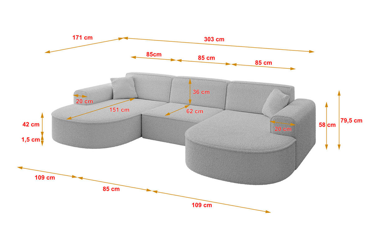 WOHNLANDSCHAFT MARI-U1 - 303x171x79 cm Hellgrau Bouclé - Hellgrau/Schwarz, Holzwerkstoff/Kunststoff (303/79/171cm) - ALTDECOR