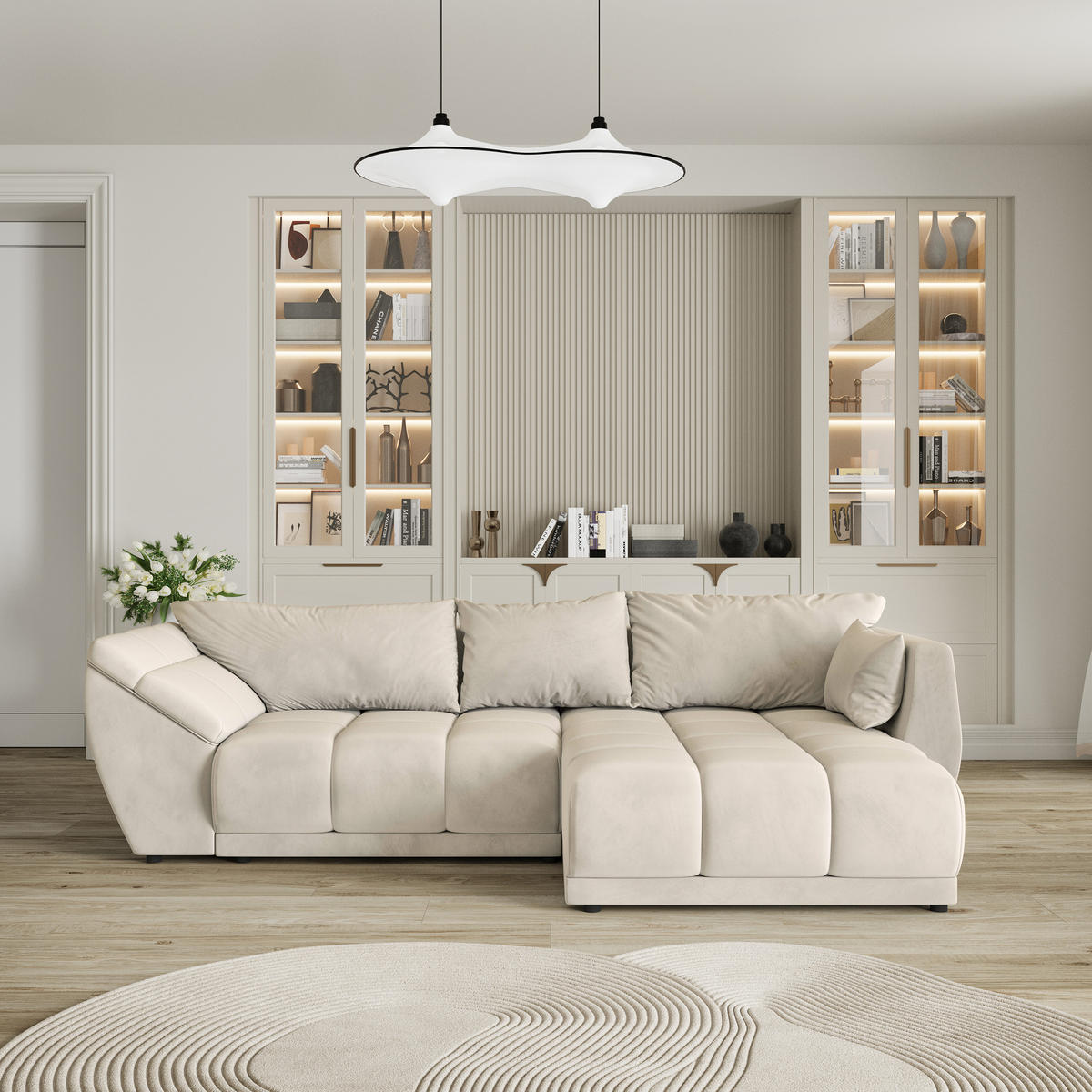 ROHOVÁ SEDAČKA ORENTI krémová - černá/krémová, dřevo/textil (287/182cm) - MASSENO