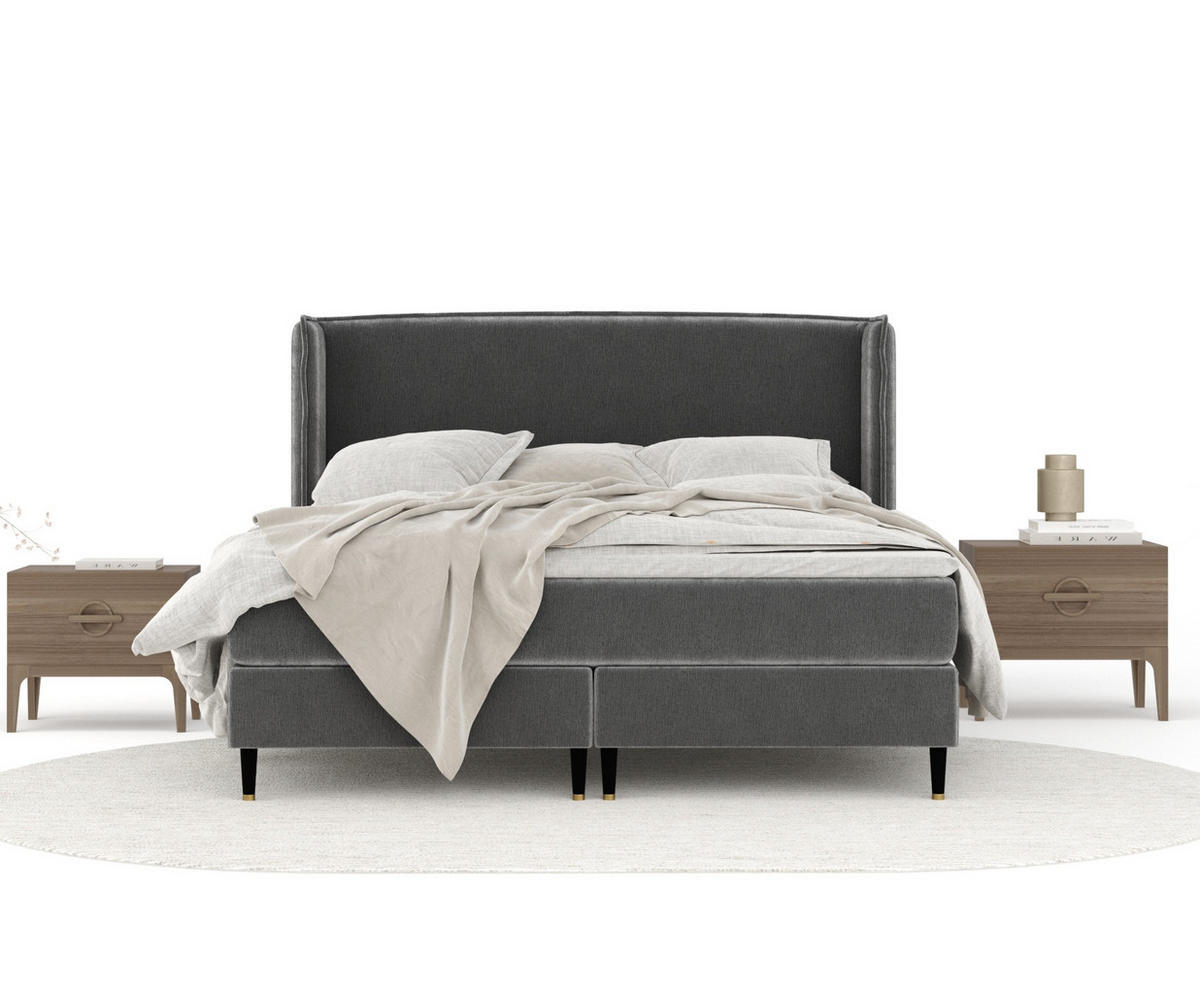 KONTINENTALBETT Ardis Grau 200/200 cm mit Matratze und Topper - Schwarz/Grau, Holz/Holzwerkstoff (200/200cm) - Maison de Reve