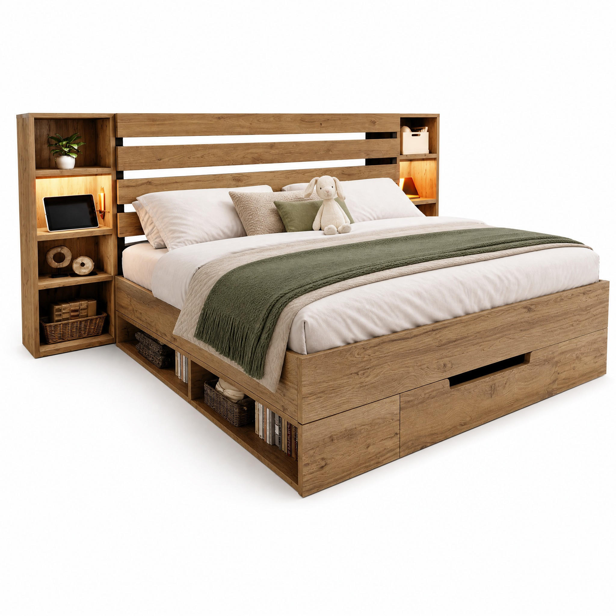 STILVORA POSTEL S NOČNÍMI STOLKY 160/200 cm dubová, 2 zásuvky, LED, USB, Type-C a police