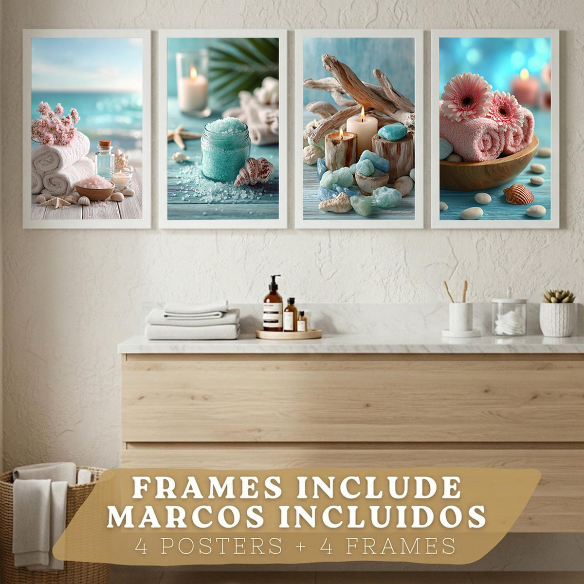POSTER 4er-Set Badezimmer-Wandposter, Strand-Spa-Poster für Waschbecken, Dusche, WC mit Muscheln, Kerzen, Handtüchern und Meersalz Weißer Rahmen A4 - Weiß, Papier (29.7/21/3cm) - Nacnic