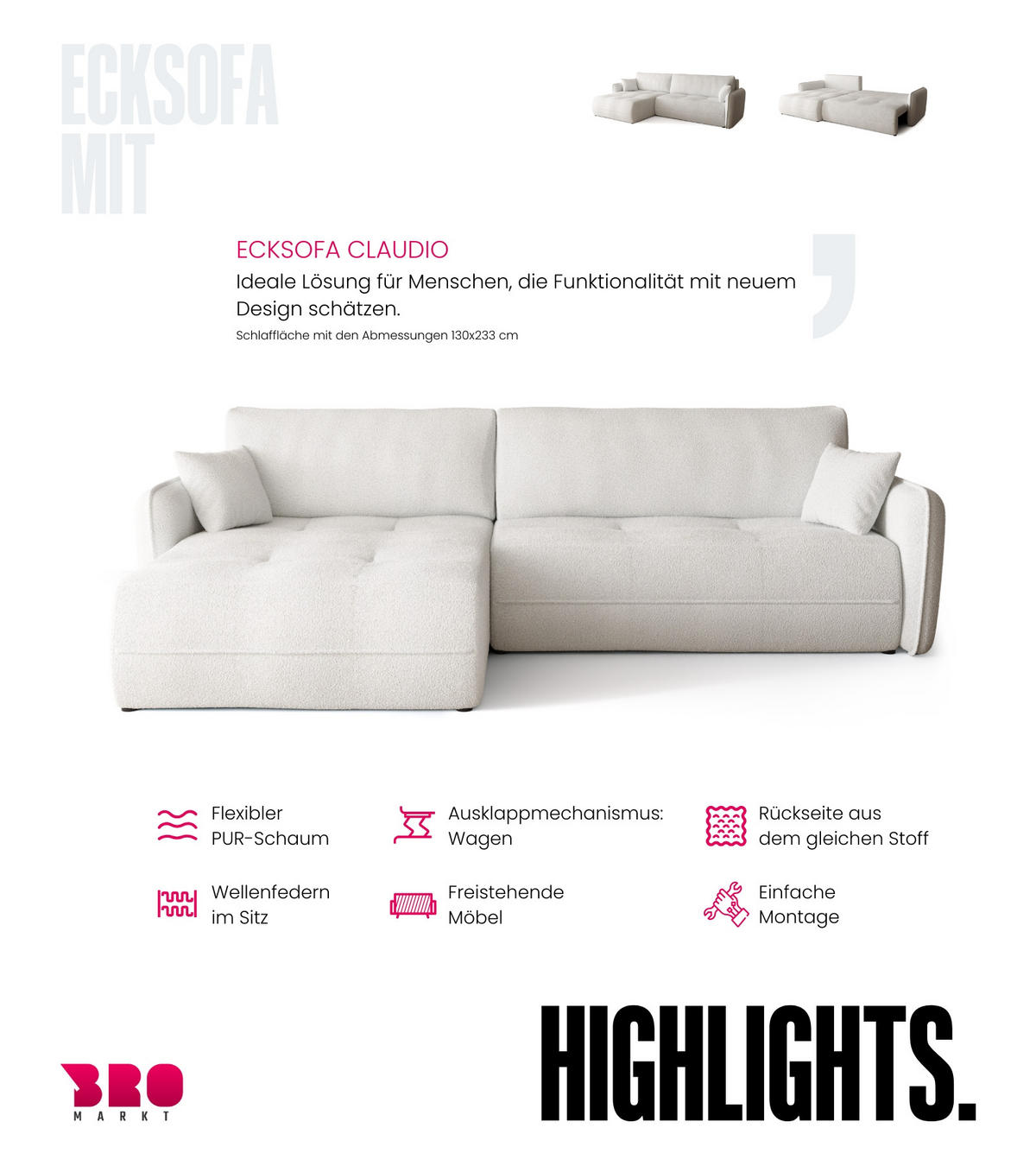 ECKSOFA CLAUDIO mit Schlaffunktion Weiß - Weiß, Textil (263/150cm) - Bromarkt