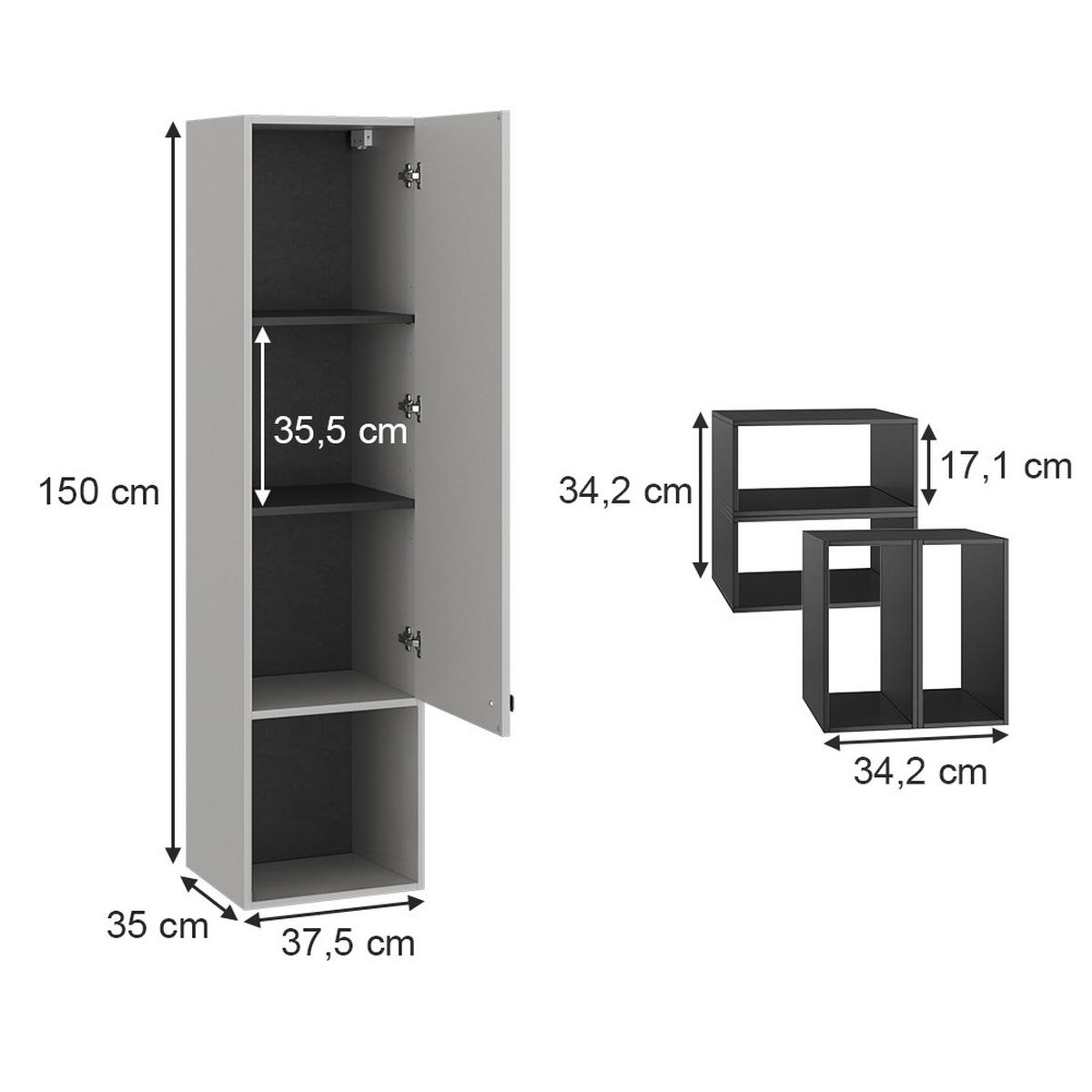 BADSCHRANK Gerta Grau 37.5 x 150 cm mit Tür und offenen Fächern - Grau, Holzwerkstoff (37.5/150/35cm) - Vicco